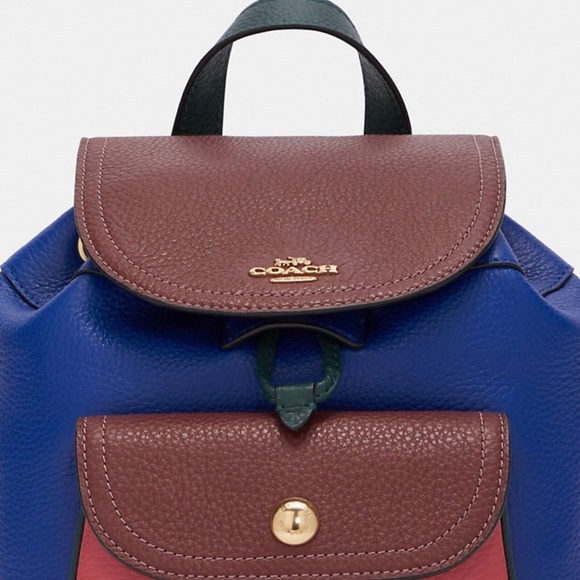 NWT COACH Pennie Refined Pebble Backpack 22 Colorblock Blue Burgundy Green Red - Picture 2 of 5